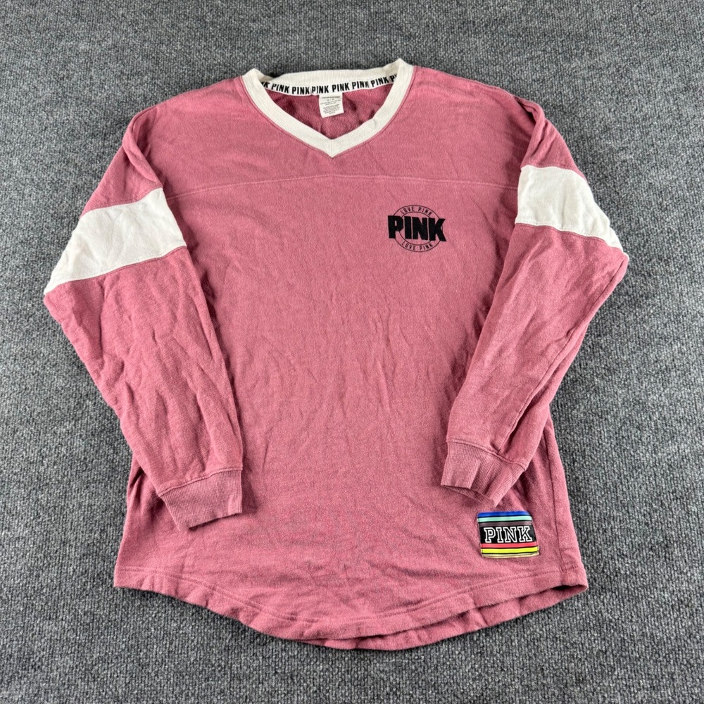 Pink Victoria's Secret V-Neck Jersey Tee Long Sleeve Logo Pink White Medium